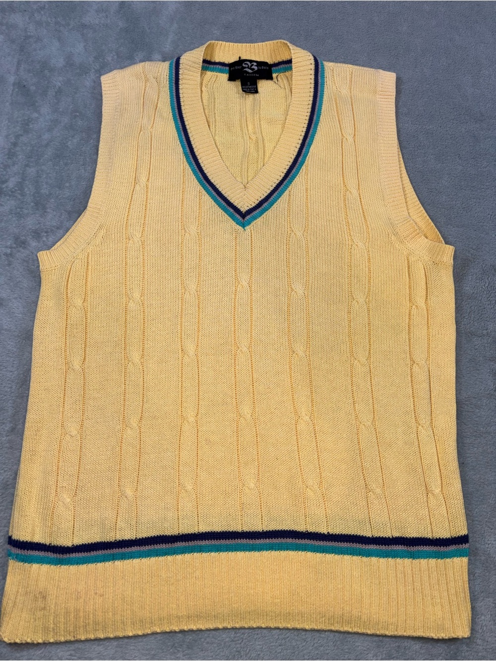 Vintage The Bay Cable Knit Sweater Vest Yellow Striped Trim Size 8